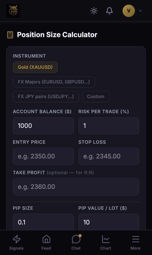 Position calculator screen in the GHT Community app
